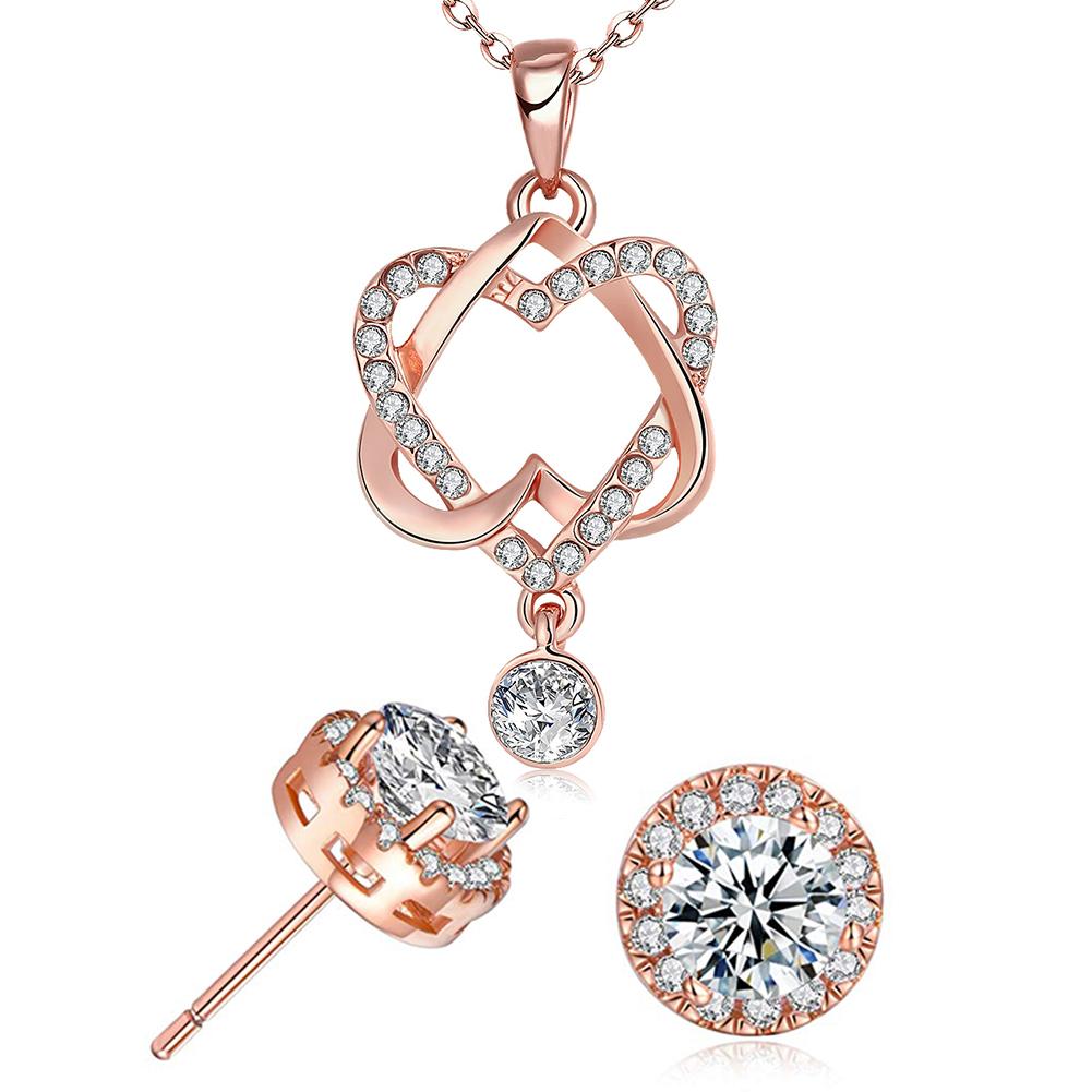 14K Rose Gold Plating White Pav'e Interlocking Heart Necklace & Earrings Stud Set