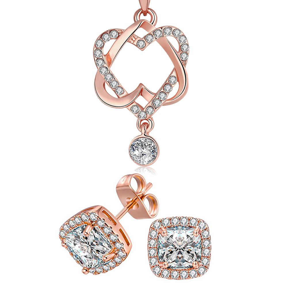 14K Rose Gold Plating White Pav'e Interlocking Heart Necklace & Earrings Stud Set