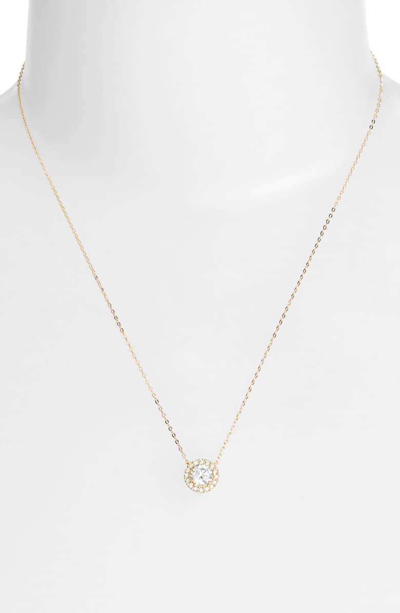 1.00 CT Crystal Halo Disc Necklace 18" - 18K Gold Plated
