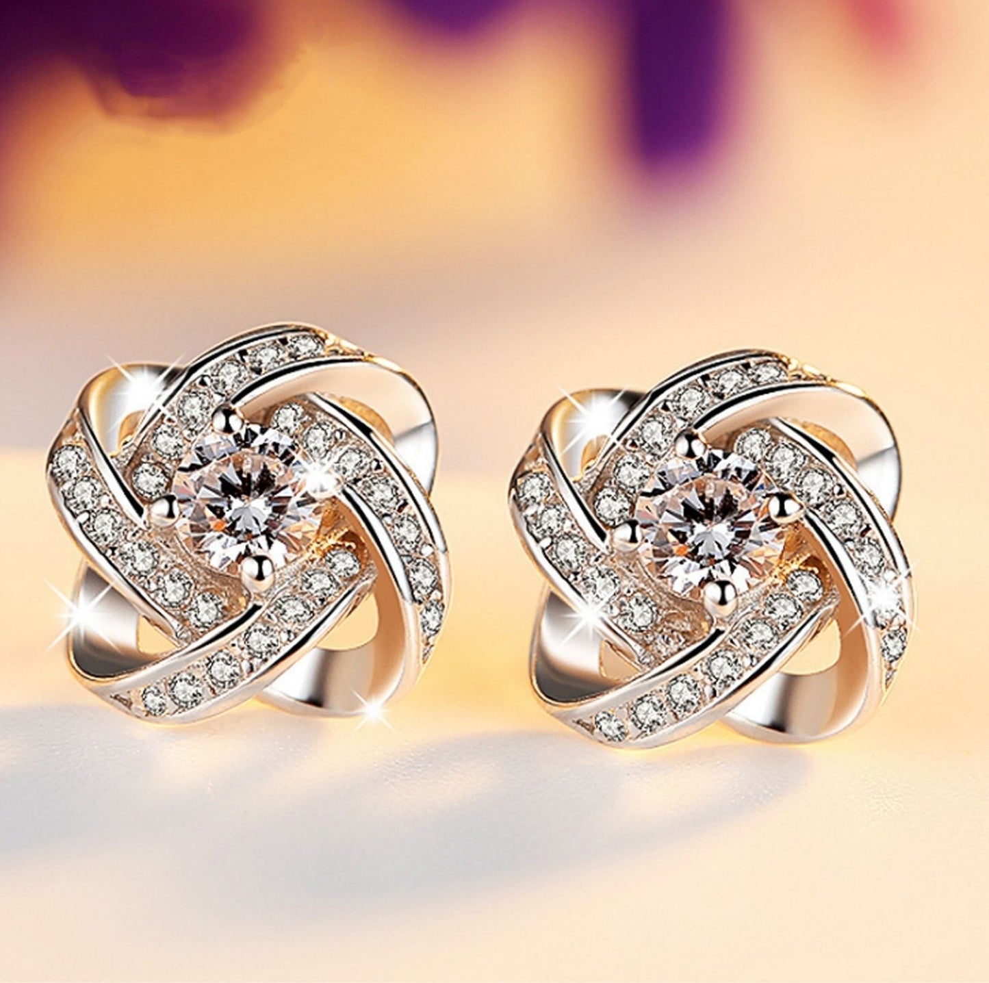 18K White Gold Plated Infinity Twist Stud Earring with Austrian Crystals
