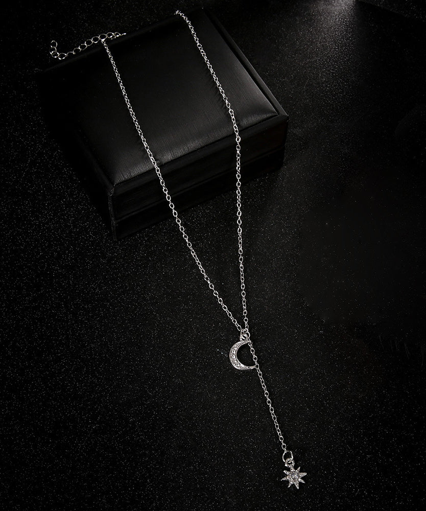 14K White Gold Plating Crystal Pav'e Crescent & Star Lariat Necklace