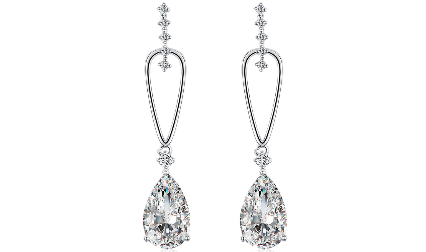 14K White Gold Plating Dangling White Sapphire Pear Cut Earrings