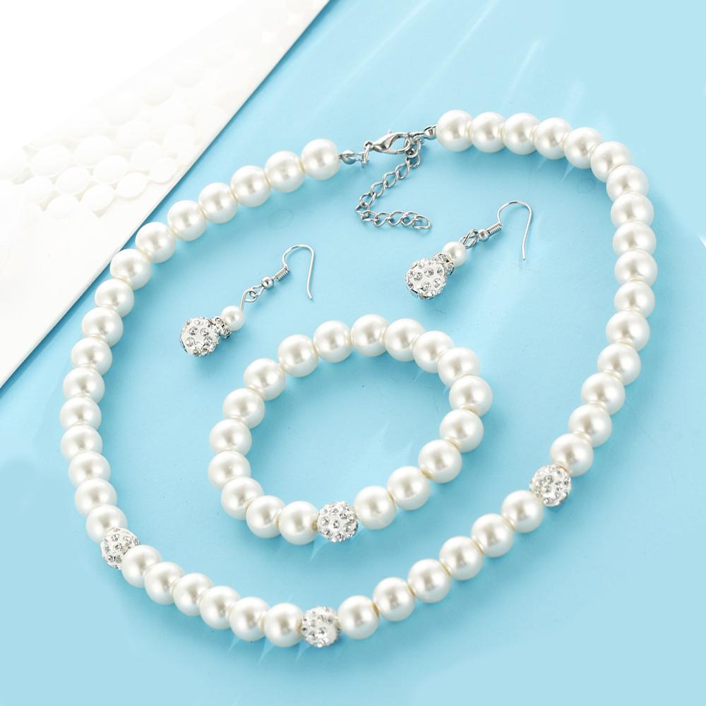 3 Piece Pearl and Shamballa Jewelry Set With Crystals 18K White Gold Plated Set in 18K White Gold Plated ITALY Design