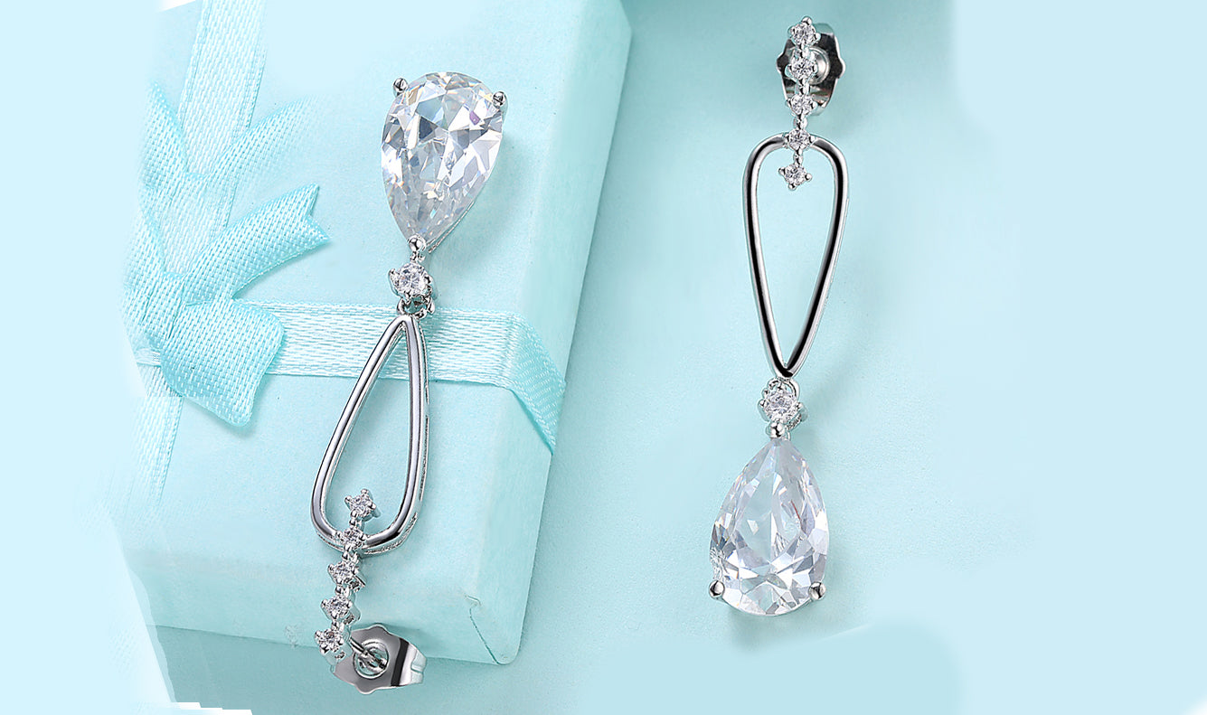 14K White Gold Plating Dangling White Sapphire Pear Cut Earrings