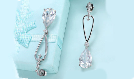 14K White Gold Plating Dangling White  Pear Cut Earrings