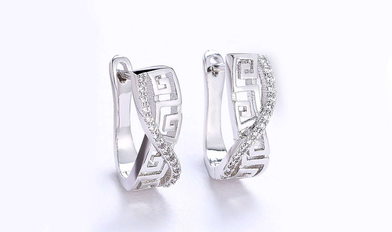 14K White Gold Plated  Elements Pav'e Greek Key Design Pav'e Curved Hinge Earrings