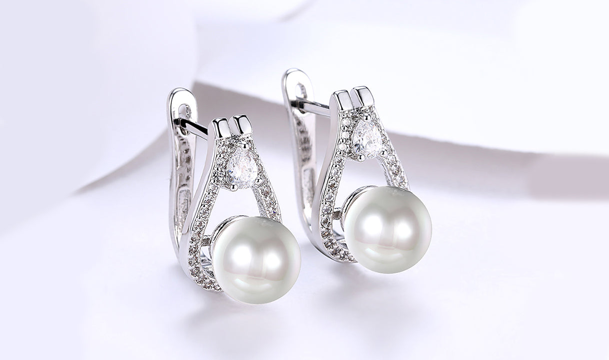 14K White Gold Plating  Elements Pav'e Freshwater Pearl Pear Cut Clip On Earrings