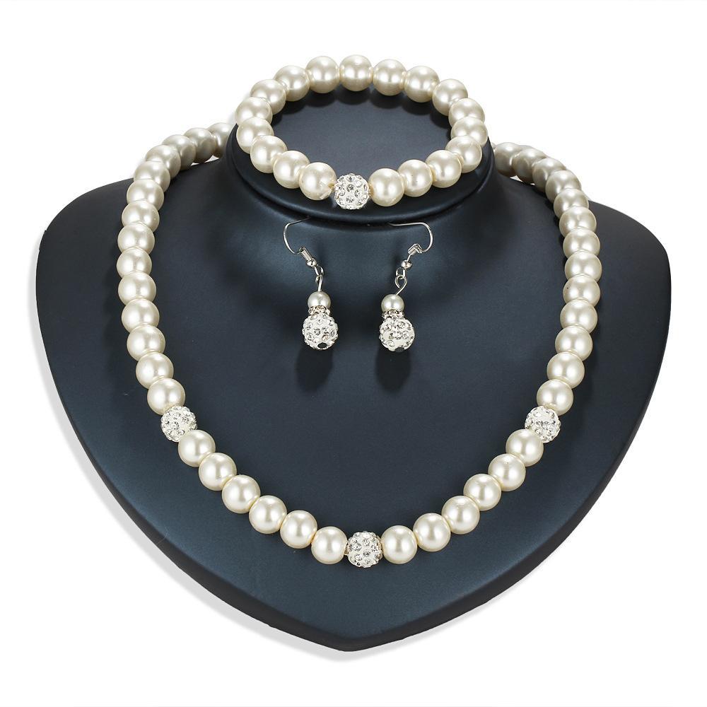 3 Piece Pearl and Shamballa Jewelry Set With Crystals 18K White Gold Plated Set in 18K White Gold Plated ITALY Design