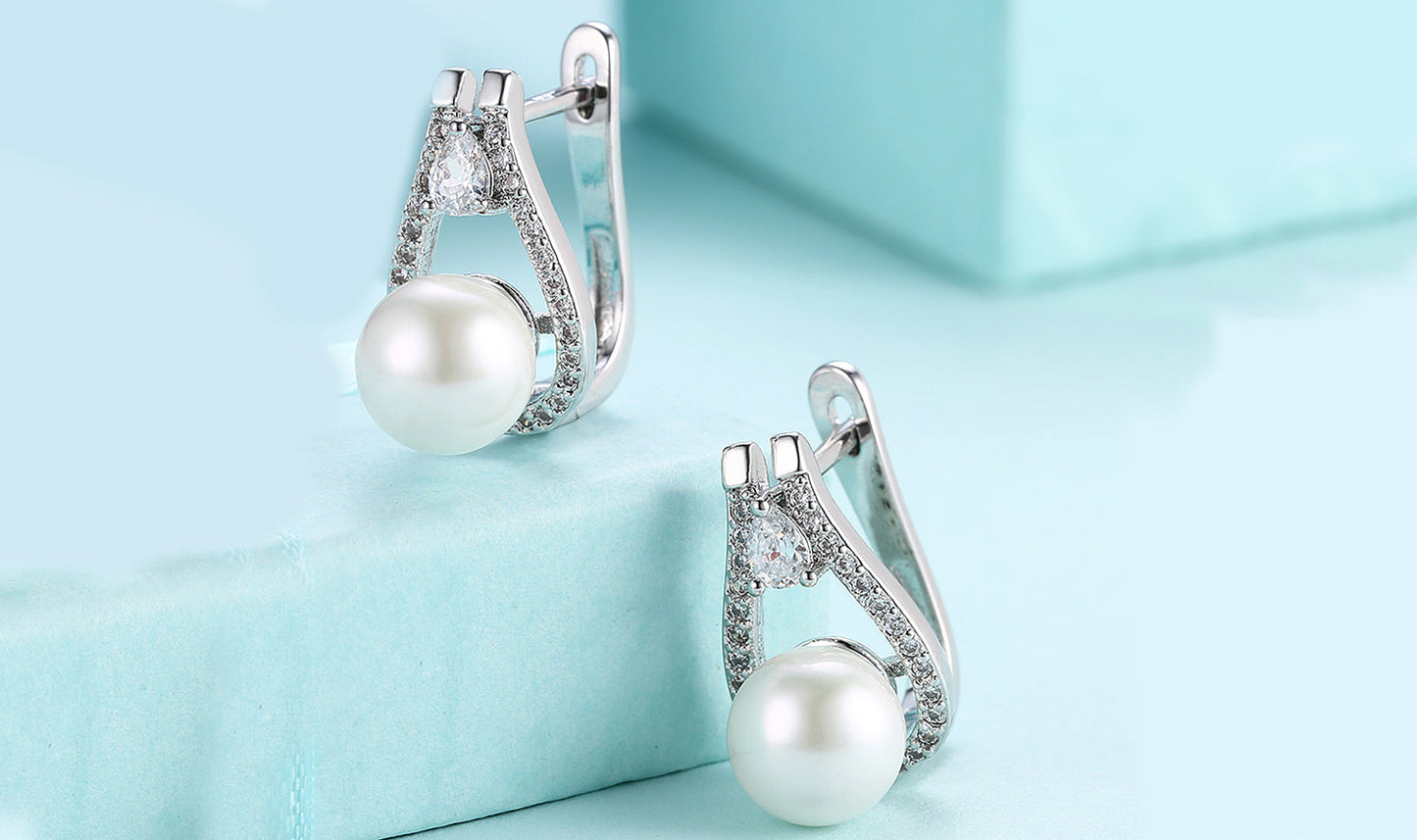 14K White Gold Plating  Elements Pav'e Freshwater Pearl Pear Cut Clip On Earrings