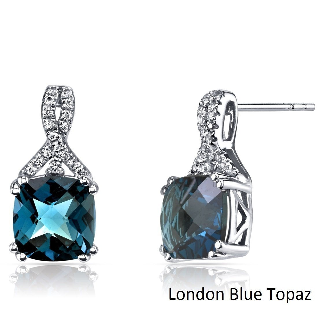 2.00 CT Cushion Cut London Blue Topaz Stud Earring in 18K White Gold Plated