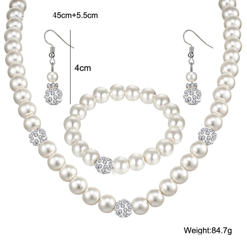 3 Piece Pearl and Shamballa Jewelry Set With Crystals 18K White Gold Plated Set in 18K White Gold Plated ITALY Design