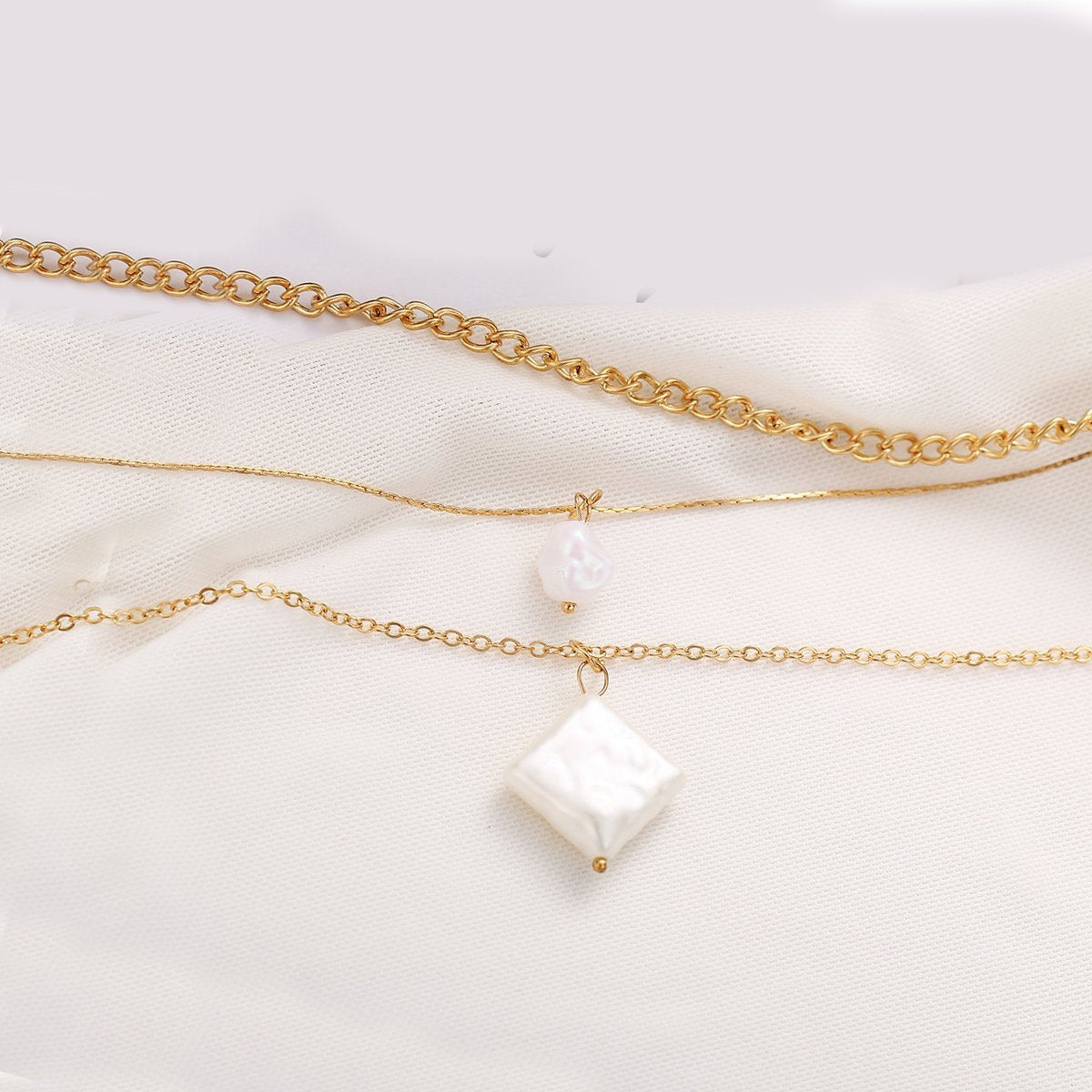 3 Piece Pearl Linear Chain Necklace in 18K Gold Plated ITALY Design