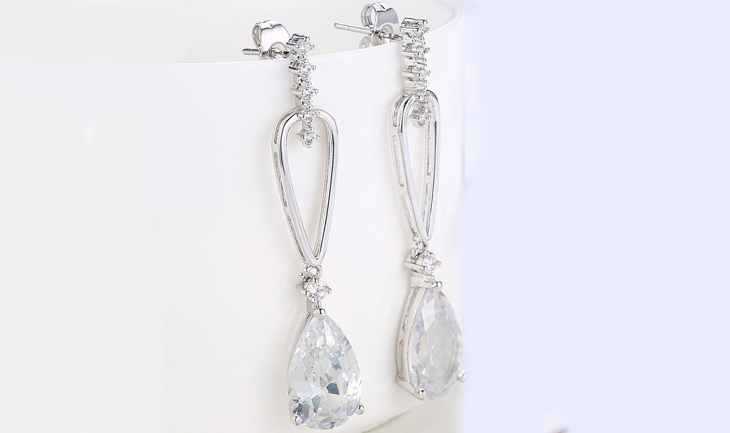 14K White Gold Plating Dangling White Sapphire Pear Cut Earrings